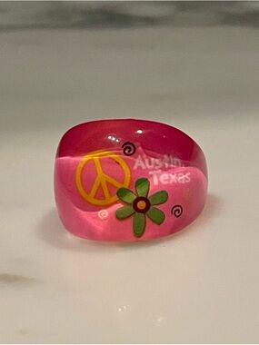 Retro Pink Peace Sign & Flower Ring Austin Texas Souvenir